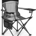 LET'S CAMP Mesh Back Camping Chair Portable Folding Heavy Duty Outdoor Chair Support 330 LBS Durable Large Arm Chair with Cup Holder and Carry Bag for Camp, Fishing, Hiking, Black (1 PC)