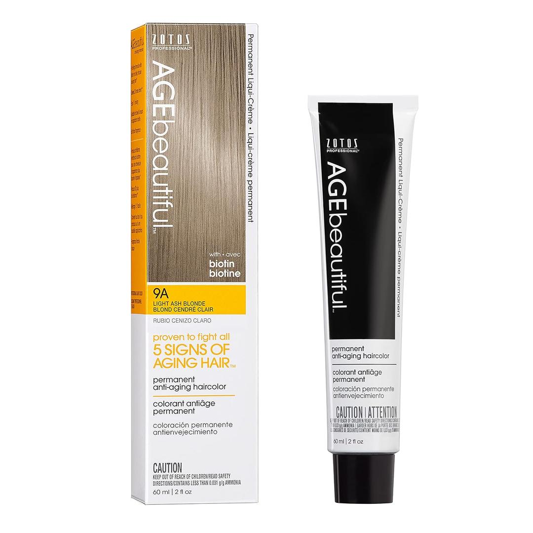 AGE beautiful Permanent Hair Color Dye Liqui Creme | 100% Gray Coverage | Anti-Aging Haircolor | Biotin for Thicker, Fuller Hair | Professional Salon Coloring (9A Light Ash Blonde)