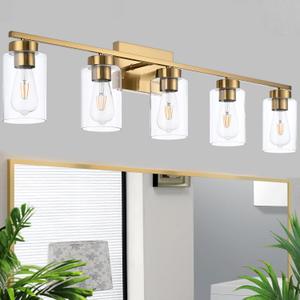 5 Light Bathroom Vanity Light Fixtures, Brushed Brass Modern Wall Lights with Clear Glass Shade, Vintage Wall Sconce Lighting for Living Room, Mirror, Bedroom, Hallway (Gold, 5-Lights)
