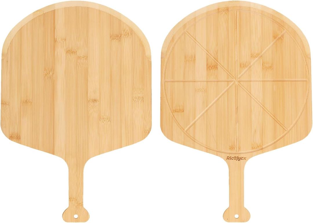 12 inch Natural Bamboo Pizza Peel Set of 2, Double-Sided Use Pizza Cutting Board with 8 Slice Grooves for Pizza, Bread, Cheese, Vegetable, Fruits