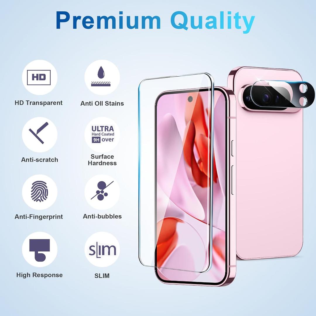 5 x Screen Protector Compatible with Pixel 9 Pro 5G, [4+4 Pack] Camera Lens Protectors, HD Tempered Glass, Fingerprint Unlock Support, Touch Sensitive, Anti Scratch