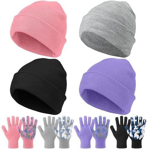 Evervibe 8 Pack Kids Beanie Hats and Gloves Set Knitted Beanies Hat Warm Stretch Gripper Gloves Winter Hats for Boys Girls(Pastel,3-6 Years)