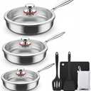 KEGDAN Tri-Ply Stainless Steel Frying Pan Set With Lids, 13pcs Stainless Steel Cookware Set with Detachable Handle, Induction Compatible Skillets for All Stovetops, Dishwasher and Oven Safe, Sliver