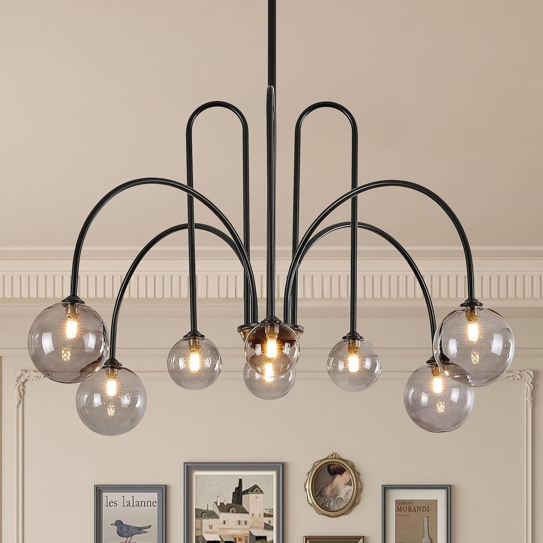 8 Lights Modern Sputnik Chandelier Large Luxury L41 Black Mid Century Smoke Glass Globe Ceiling Pendant Lighting Contemporary for Foyer Staircase Living Dining Room Kitchen