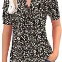 Women's Zipper Summer Pleated Button Short Sleeve T-Shirt Summer V-Neck Solid Color Casual top (Black)