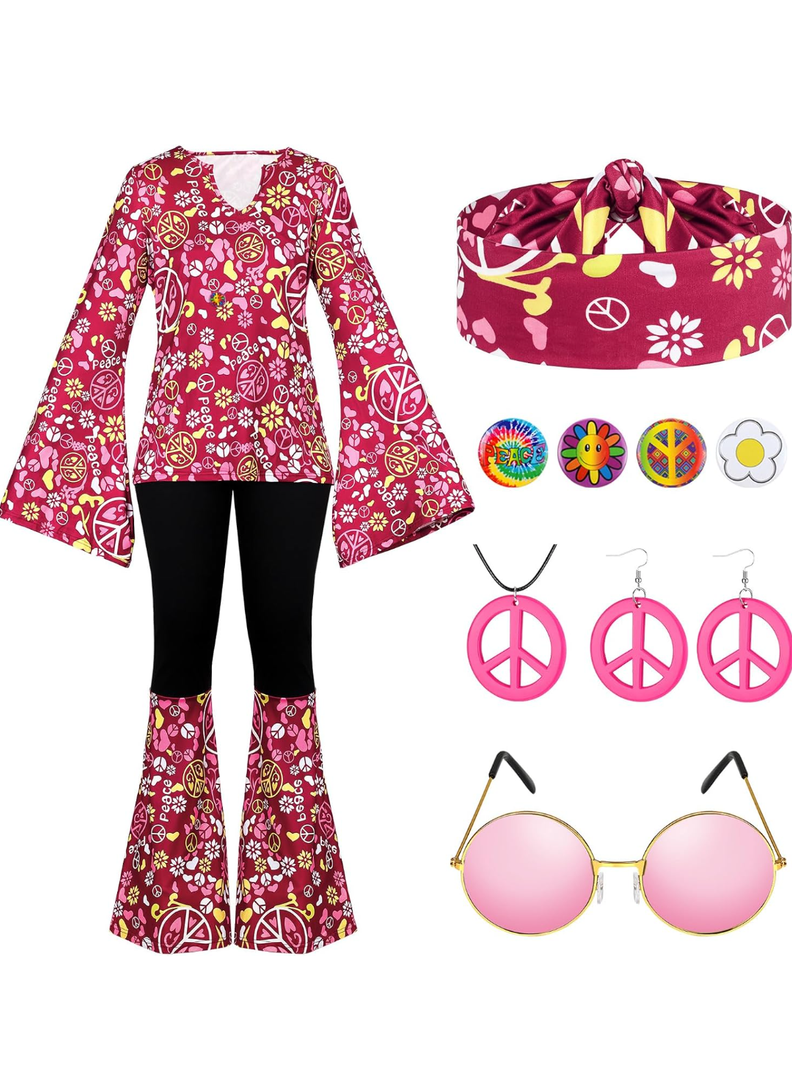 Jiuguva 17Pcs 60s 70s Outfits for Women Hippie Costume Set Disco Outfit Dress Boho Flared Pants Hippie Shirt Headband XXL