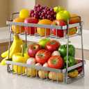 Fruit Basket for Kitchen Counter - 2-Tier Fruit Bowl with Removable Banana Hanger & Handles, Rustproof Fruit Holder for Kitchen, Living Room, Bathroom, 13.4"8.7"11.7", Silver