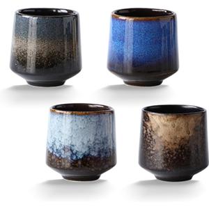 Ceramic Tea Cup, 4 Count (Pack of 1), 7.43 oz Capacity, Modern Design, Blue, Black, Grey, Christmas, Birthday, Thanksgiving, Reusable, Heavy Duty, Glazed, Teacups, Teacup