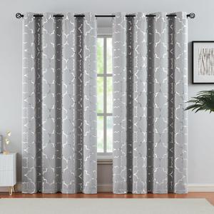 Grey Blackout Curtains for Bedroom 90 Inch Long Silver Foil Metallic Panels Energy Efficient Moroccan Drapes for Living Room Decor, Thermal Insulated Window Treatments Grommet Top, 2 Panels