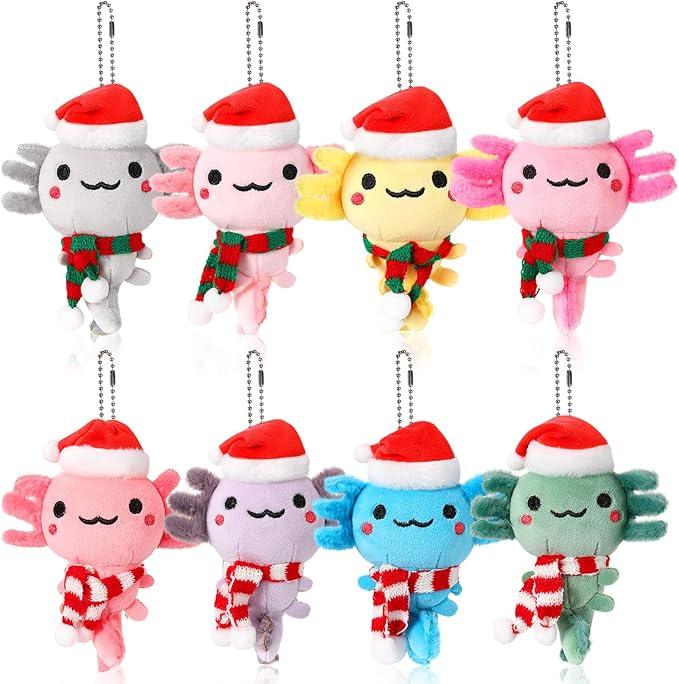 Poen 8 Pcs Christmas Axolotl Ornaments Plush Toys 4 Inch Mini Kawaii Axolotl Stuffed Animal with Santa Hat and Scarf Cute Stuffed Samaritans Keychain Bulk for Christmas Ornaments Hanging Decorations