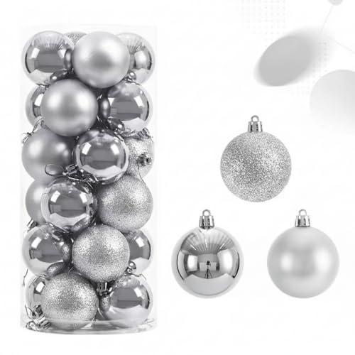 24 Pcs Christmas Balls Set, 30mm/1.18 inch, Christmas Tree Hanging Shatterproof Ornaments Decoration, Pre-Hooked Hanging Balls, Seasonal Home Decoration for Trees (Silver)