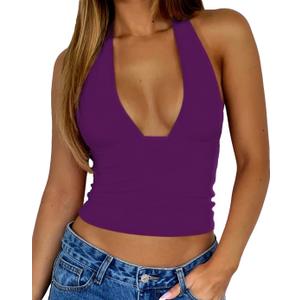 ForeFair Women Sexy Halter Deep V Neck Backless Crop Tank Top Open Back Sleeveless Slim Fit Y2k Summer Tops (Small, Dark Purple)