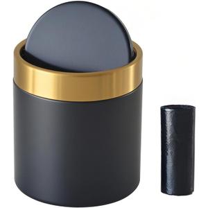 Mini Trash Can with Lid, 1.5 Liter / 0.4 Gallon Small Metal Desk Garbage Bin for Countertop, Coffee Bar, Vanity  Black