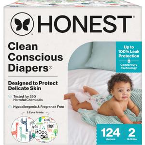 The Honest Company Comfort Dry Disposable Diapers for Sensitive Skin, Hypoallergenic, FragranceFree, MultiColored Giraffes + Barnyard Babies, Super Club Box Size 2 (1218 lbs), 124 Count