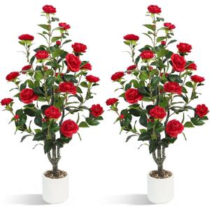 Artificial Camellia Tree 2 Pack  40'' Realistic Fake Potted Plant with 30 Red Flowers, Lifelike Faux Camellia Trees for Home, Living Room, Patio, Wedding, Event Decoration