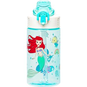 Zak Designs Sage Disney Princess Kids Water Bottle For School or Travel, 16oz Durable Plastic Water Bottle With Straw, Handle, and Leak-Proof, Pop-Up Spout Cover (Ariel & Jasmine)