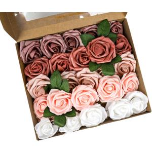 BEAYFILY White and Dusty Rose Mix Artificial Flowers Combo, Real Looking Fake Flowers for DIY Wedding Bridal Shower Bouquets Centerpieces Arrangements Party Tables Decoration