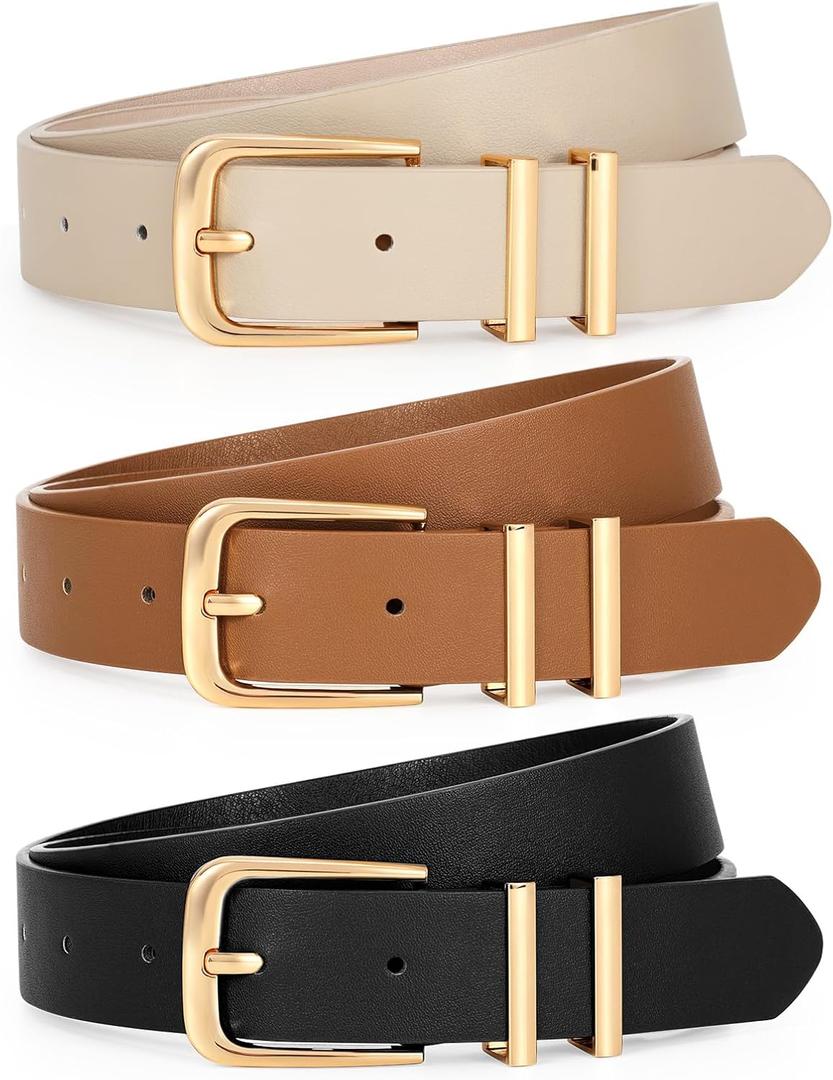 LEACOOLKEY 3 Pack Women's Leather Belts for Jeans Dress Pants Fashion Ladies Leather Belts with Gold Buckle (A-black+brown+beige), Size: M:Fits waist size 31"-36"