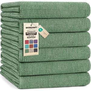 Mordimy Premium Kitchen Towels 6 Pack (18 x 28 Inches, Grass Green), Large Cotton Kitchen Hand Towel, Flat & Terry Dish Towels for Drying Dishes, Super Absorbent Tea Dishtowels Set with Hanging Loop