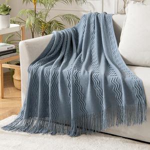 MIULEE Dusty Blue Cozy Knitted Throw Blanket for Couch Textured Knit Blanket with Tassels Woven Acrylic Wave Pattern Boho Blankets for Sofa Bed Chair 50"x60"