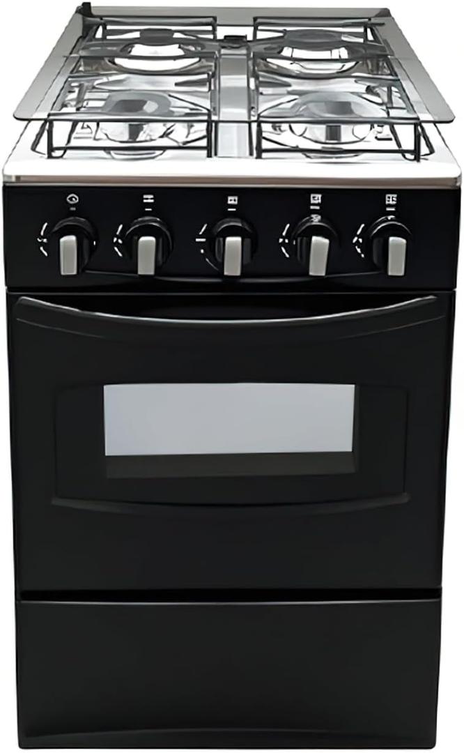 20" Freestanding LPG Oven - Equipped with 4 coil burners and Gas Stove with stainless steel 50L oven (Black: Automatic ignition)