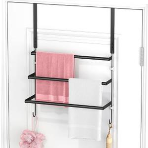 Over The Door Towel Rack, 24 Inch Towel Rack with Hooks for Door Hanging, Door Towel Bar, Over Door Towel Racks for Bathroom (Black)