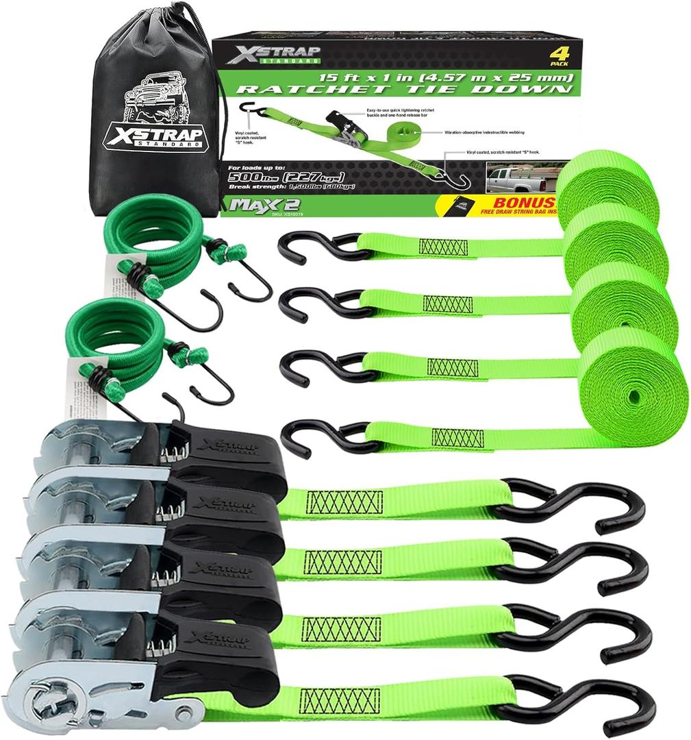 XSTRAP STANDARD Ratchet Tie Down Straps 4Pk 15Ft 1500Lb Break Strength, Cargo Straps for Moving Appliances, Lawn Equipment, Motorcycle, Includes 2 Bungee Cord