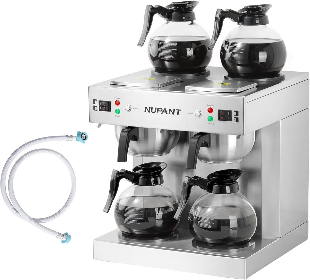 NUPANT Dual Drip Commercial Coffee Maker with Water Line 200 Cup/H 7.2L Auto-Filling Drip Coffee Maker Machine with 4 Carafes & 4 Warmers Stainless Steel Pour over Double Coffee Brewer for Restaurant