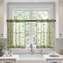 MIULEE Sage Green Sheer Curtains 2 Panels Leaf Patterned, W30 x L30 | Embroidered Floral Semi Sheer,Rod Pocket,Faux Linen,Short Window Curtains Drapes Set for Kitchen/Bathroom/Cafe
