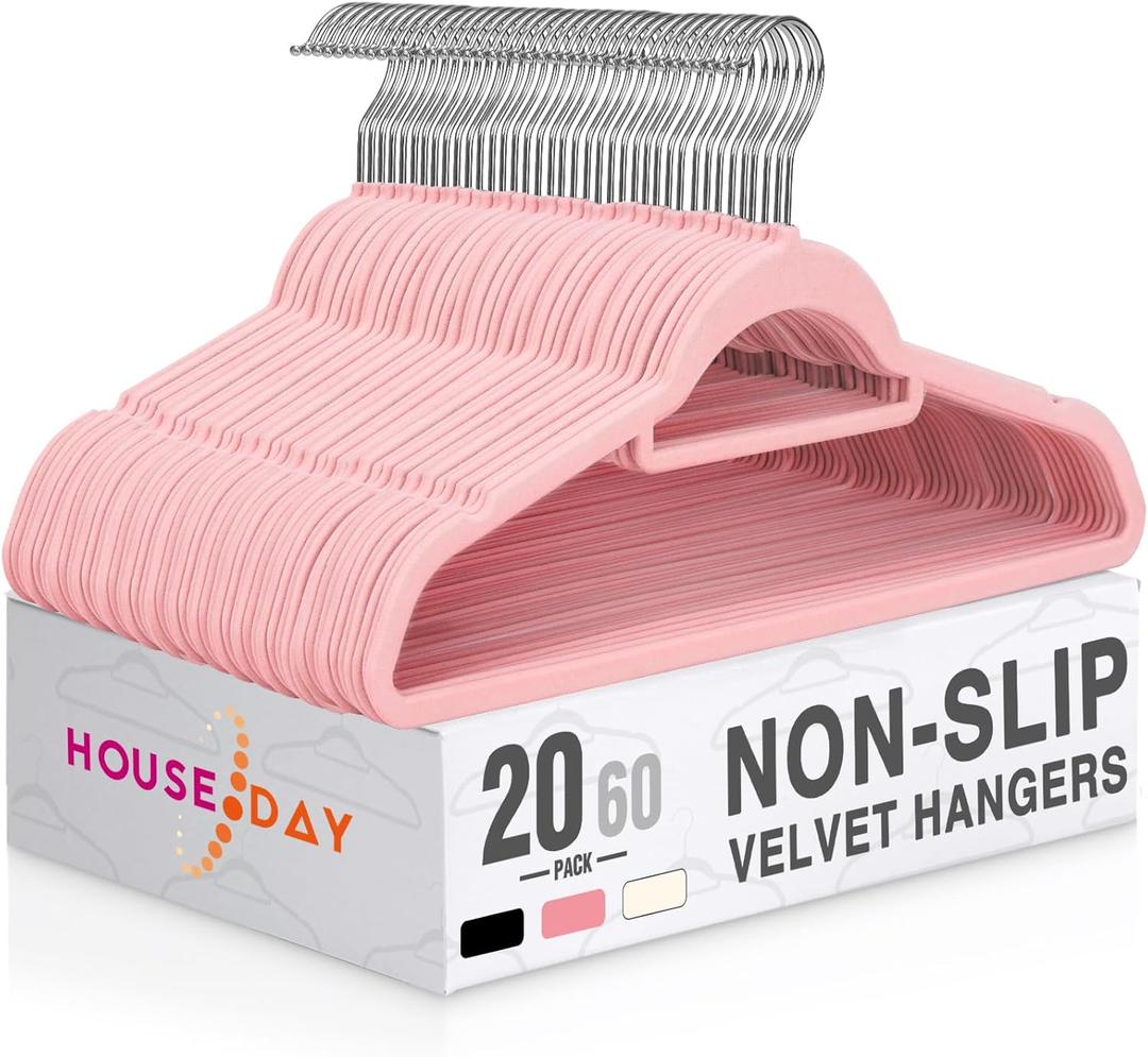 HOUSE DAY Velvet Hangers 20 Pack, Non-Slip Hangers with Tie Bar, Premium Standard Clothes Hangers Slim Felt Hanger 360 Swivel Hook for Closet Organized Storage Elegance Pink 72g/Pc