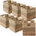 Casafield 12" x 12" Mixed Weave Storage Baskets, Natural - Set of 6 Woven Hyacinth Seagrass Wicker Storage Cube Bins for Bathroom, Bedroom, Laundry, Pantry, Shelves