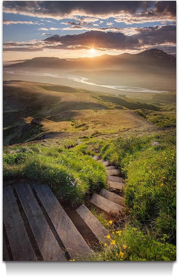 artopia Mountain Lake Canvas Wall Art: Lakeside Grass and Sunrise, Sunset Picture Decor, Stair Painting for Living Room, Bedroom, 24x36