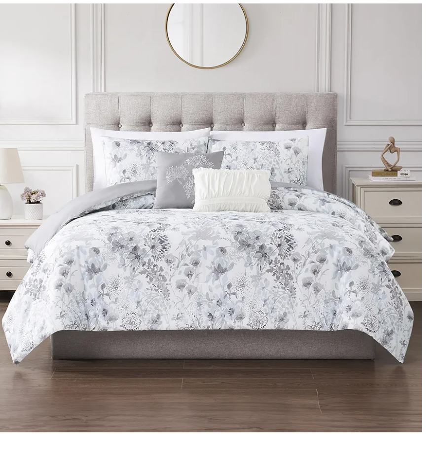 Modern Threads 5-Piece Printed Comforter Set, Giverny King in White Grey Blue – Soft Comforter, 2 Pillow Shams, and Decorative Pillows