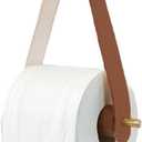 Wood & Leather Wall Toilet Paper Holder, Rustic Tissue Rolls Paper Holder Wall Mounted, Graceful and Natural Bathroom Accessories with Self-Adhesive Seamless Screw (Brown)