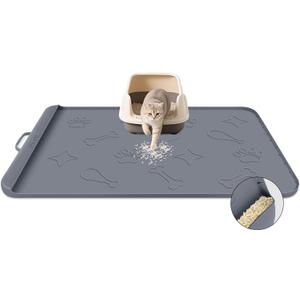 Silicone Cat Litter Mat with Collection Pocket, 42" x 28" Large Cat Litter Box Mat Waterproof Anti-Slip Litter Trapping Mat with Edge and Handle Pet Placemat for Floors (Dark Grey)