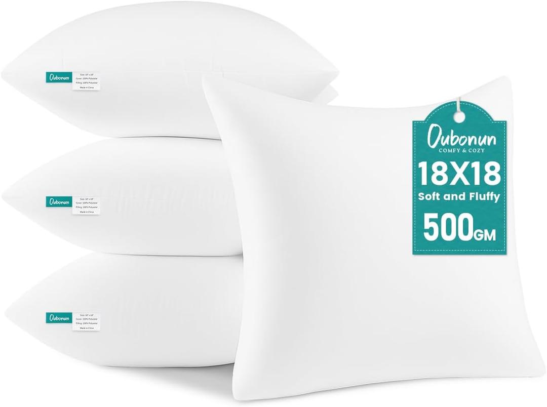 Oubonun 18 x 18 Throw Pillow Inserts - Soft, Plush & Decorative Down Alternative Pillows for Couch Sofa Bed, Machine Washable - White, Pack of 4