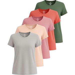 Real Essentials 5 Pack: Women's Short Sleeve T-Shirts Workout Tops Fitness Pilates Gym Activewear Athletic (L)