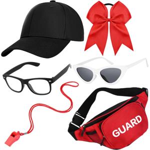 6 Pack Halloween Beach Couple Costume Include Baseball Hat Black Glasses Red Headband White Frame Sunglasses Whistle and Fanny Pack for Men Women Party Dress Up