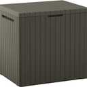 Keter City 30 Gallon Resin Outdoor Storage Box and Patio Furniture Side Table for Pool and Garden Accessories, Taupe