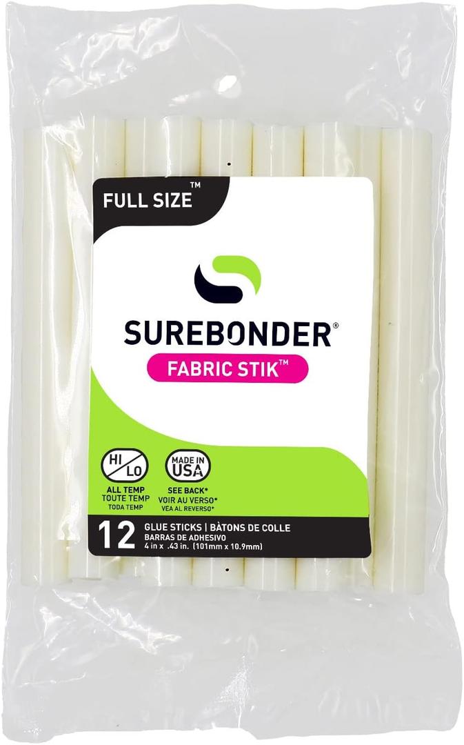 Surebonder FS-12 Fabric Hot Glue Sticks, Strong Bonding Fabric Glue, Machine Washable, Full Size 4-Inch Length - 12 Pack, - Made in USA , White