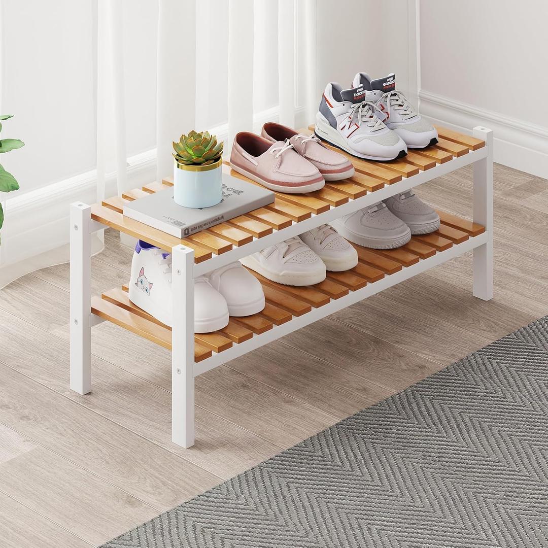 Bamboo Shoe Rack Organizer for Closet and Entryway-Space-Saving Narrow Shoe Stand-Versatile Shoe Holder for Door or Closet Shelf, Garage Bedroom can Freely Stack DIY Small Shoe Racks 2Tier Mixed color