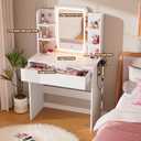 HAIOOU Small Vanity Desk with Mirror and Lights, Makeup Vanity Desk with Storage Drawer, Compact Dressing Table with 3-Tier Open Shelf for Girls Women Bedroom (White), 15"D x 29.5"W x 52"H