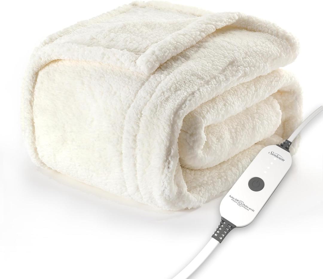 Sunbeam Royal Sherpa Foot Pocket Heated Throw Electric Blanket, 50" x 60", 4 Heat Settings, 4-Hour Auto Shut-Off, Warming Throw for Couch or Bed, Fast Heating, Machine Washable, Natural