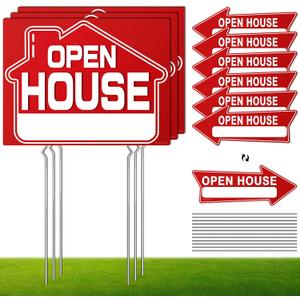 Open House Signs for Real Estate (9 Pcs), 6 Pcs Directional Arrows Signs, 3 Pcs Open House Sign, Double Sided Large Yard Sign with Stakes, Real Estate Agents Supplies, Flag - compatible, Red