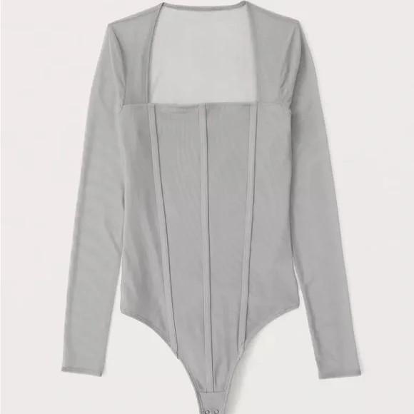 Women's Long-Sleeve Mesh Corset Bodysuit Gray Size Large
