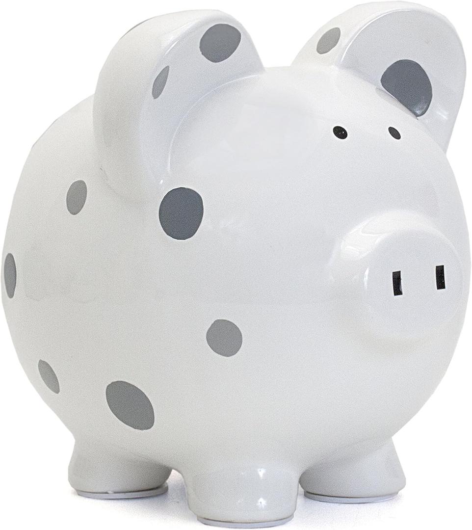 Child to Cherish Ceramic Polka Dot Piggy Bank for Boys, Gray, 8x7 Inch