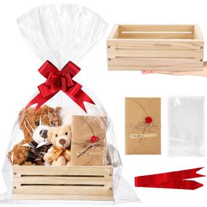 Wonderjune Wooden Gift Basket with Cellophane Bag Ribbon Greeting Card, Empty Wood Basket for Birthdays Baby Shower Wedding Back to School Housewarming Gifts Packaging(Wood,Small)