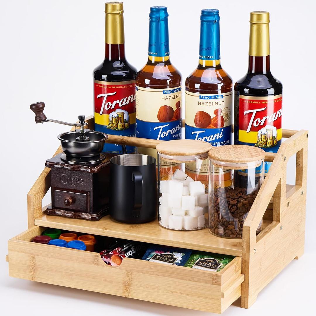 Bamboo Coffee Syrup Rack Organizer 3 Tier Rack with Cup Storage Box, Bottle Holder Stand for Syrups, Dressings, Kitchen Coffee Station, Natural