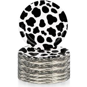 100 Pcs Cow Print Plates 7 Inch Cow Print Paper Party Supplies Disposable Dinner Dessert Plate Cow Theme Birthday Party Baby Shower Picnic Decorations (White)