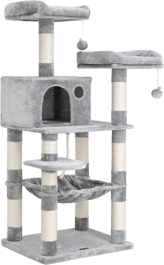 FEANDREA Cat Tree, Cat Tower for Indoor Cats, 56.3-Inch Cat Condo with Scratching Posts, Hammock, Plush Perch, Light Gray UPCT15W